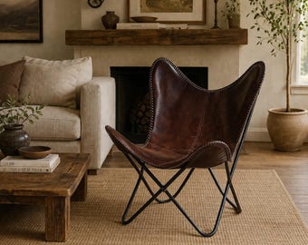Vintage Leather Butterfly Chair Handmade Brown Leather Accent Chair Boho Living Room Furniture Modern Rustic Lounge Chair Home Decor Seating