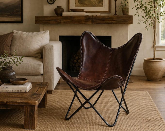 Featured listing image: Vintage Leather Butterfly Chair Handmade Brown Leather Accent Chair Boho Living Room Furniture Modern Rustic Lounge Chair Home Decor Seating