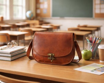 Braune Leder Umhängetasche, handgefertigte Vintage Schultasche, College-Schultertasche Minimalistische Umhängetasche Geschenk für Ihn Ihre alltägliche Ledertasche