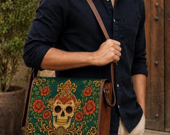 Skull Floral Leather Messenger Bag | Gothic Leather Laptop Bag | Day of the Dead Satchel | Vintage Boho Shoulder Bag | Handmade Leather Bag