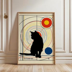 May include: A rectangular wall art print featuring a black silhouette of a cat centered against a background of concentric yellow and red circles, blue and red lines, and a solid blue circle. The text THE BLACK CAT and 191 appear at the bottom.