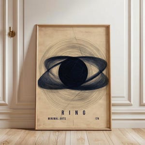 May include: Framed art print featuring a minimalist design. The artwork showcases a dark blue sphere encircled by swirling lines, with the word "RING" at the top. Below, it reads "MINIMAL ARTS" and "174". The print is in a wooden frame.