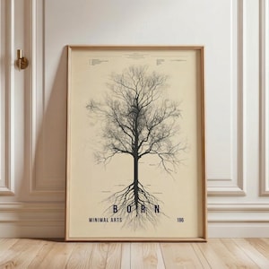Op de afbeelding: Een ingelijste kunstprint met een zwart-wit boomillustratie, met wortels en takken. Het woord "BORN" is in marineblauw aan de basis gedrukt, met "MINIMAL ARTS" eronder. De print heeft een beige achtergrond en een houten lijst.