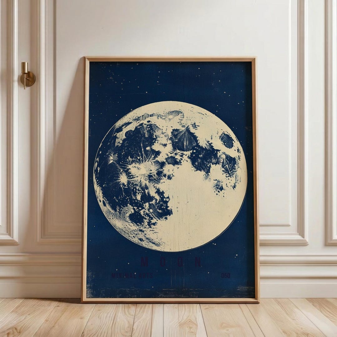 Vintage Full Moon Art Print, Celestial Cyanotype Wall Poster, Moody ...