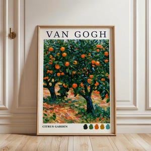 May include: A framed art print titled VAN GOGH CITRUS GARDEN featuring an impressionist painting of orange trees with dark green foliage and bright orange fruit. The ground is covered in fallen leaves in shades of orange, yellow, and green.