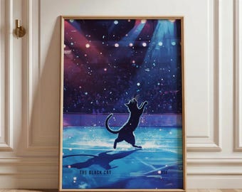 Svart katt skridskoåkning konsttryck, nyckfull konståkare väggposter, rolig vintersportdekor, dramatisk kattälskare gåva väggkonst