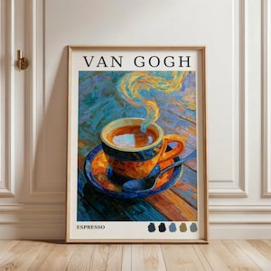 May include: A framed art print titled VAN GOGH featuring an impressionist-style painting of an orange espresso cup on a matching saucer with swirling steam. The text ESPRESSO appears at the bottom left with five small color swatches below it.