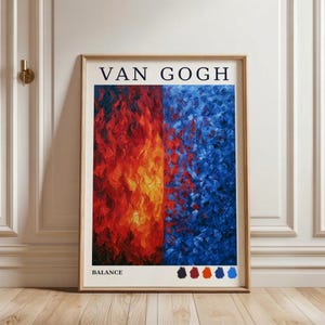 May include: A framed art print titled VAN GOGH BALANCE featuring a split composition. The left side displays vibrant red and orange brushstrokes, while the right side shows deep blue and navy textures. Five small color swatches appear at the bottom.