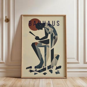 Bauhaus kontemplativ skulptör konsttryck, abstrakt mänsklig figur väggposter, mitten av århundradet modern hantverksdekor, geometrisk blåröd konst