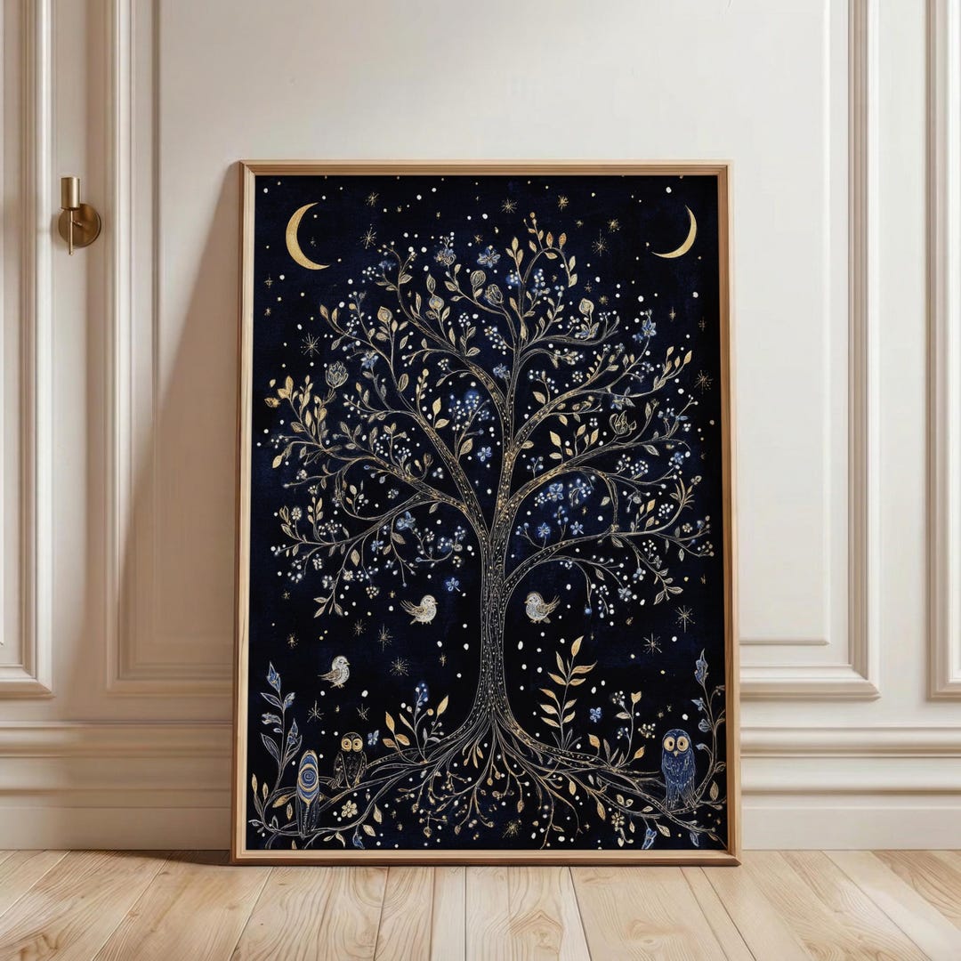 Tree of Life Folk Art Print, Celestial Owl Wall Poster, Mystical Night ...