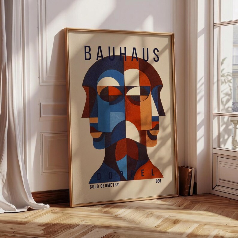 Bauhaus Geometric Portrait Art Print, Abstract Duality Wall Poster, Mid ...