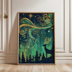 May include: Framed art print featuring a forest scene with deer silhouettes against a backdrop of swirling green and gold celestial patterns. The artwork has a dark blue and green color palette with gold accents, creating a whimsical and enchanting atmosphere.