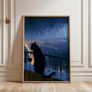 Svart katt som dricker vin, konsttryck, stämningsfull stadslandskapsväggposter, oljekonststildekor, sofistikerad kattälskarepresent till henne, urban väggkonst