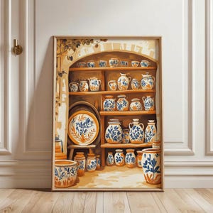 Folk Art Pottery Art Print, Rustic Ceramic Workshop Wall Poster, Blue and Orange Cottagecore Decor, Bohemian Kitchen Still Life Wall Art