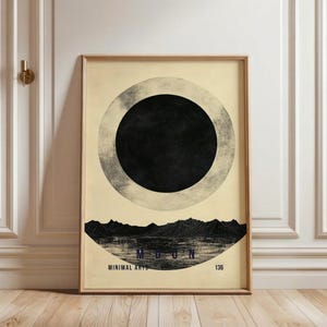 Vintage Eclipse Art Print, Celestial Black Sun muurposter, minimalistisch astronomiedecor, monochroom kosmische muurkunst voor studie of kantoor