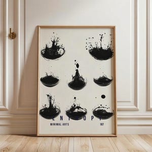 May include: A framed art print featuring a series of black ink splash designs on a cream background. The print includes the word "ENTROPY" and "MINIMAL ARTS" in a blue font, with the number "187" at the bottom right.