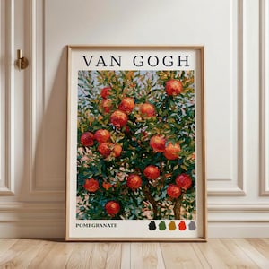 May include: A rectangular art print featuring an impressionist-style painting of a pomegranate tree with red fruit and green leaves. The text VAN GOGH appears at the top and POMEGRANATE at the bottom, with a row of six small colored circles below.