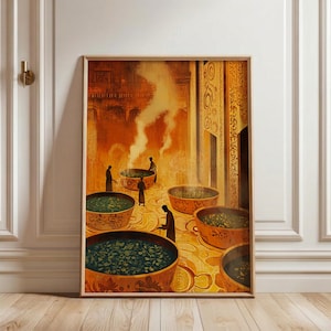 May include: A framed art print depicting a warm-toned scene with large, ornate bowls filled with green liquid. Silhouetted figures stand around the bowls, and steam rises from them. The artwork has a vintage, illustrative style.