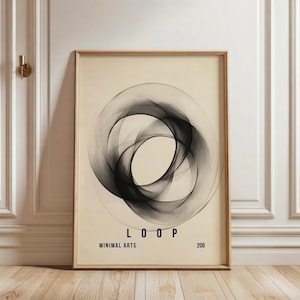 Op de afbeelding: Ingelijste kunstdruk met een zwart en grijs abstract ontwerp van overlappende cirkelvormen. Het woord "LOOP" is in marineblauw gedrukt, met "MINIMAL ARTS" eronder. De print zit in een licht houten frame.