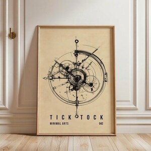 May include: Framed art print featuring a detailed black and white mechanical clock design. The artwork includes gears, lines, and the text "TICKTOCK, MINIMAL ARTS, 042" on a beige background. The print is in a wooden frame.