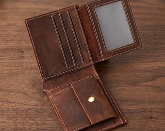 Cartera vintage de piel auténtica para hombre, cartera plegable con monedero y tarjetero, cartera de viaje, regalo para él.