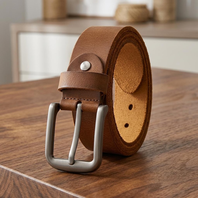 Puede incluir: Un cintur&oacute;n de cuero marr&oacute;n enrollado con una hebilla plateada. El cintur&oacute;n est&aacute; hecho de cuero grueso y texturizado con un dise&ntilde;o cl&aacute;sico. La hebilla es rectangular y tiene un acabado de metal cepillado. El cintur&oacute;n se muestra sobre una superficie de madera.