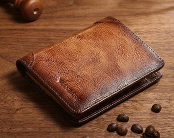 Cartera tríptico de piel RFID para hombre, tarjetero delgado con ventana para identificación, cartera de viaje para uso diario, regalo para él.