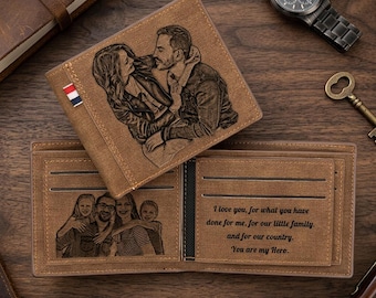 Cartera de cuero personalizada con foto y texto grabados a medida, tarjetero vintage para hombre, regalo para él.