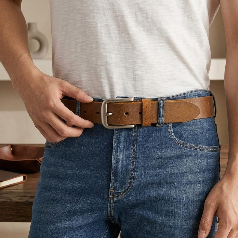 Puede incluir: Un cintur&oacute;n de cuero marr&oacute;n con una hebilla plateada. El cintur&oacute;n se lleva con vaqueros azules y una camiseta blanca. El cintur&oacute;n tiene un dise&ntilde;o cl&aacute;sico y est&aacute; hecho de un material duradero.