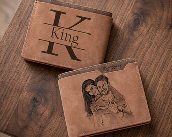 Cartera de cuero personalizada con foto y texto a medida, cartera plegable grabada para hombre, tarjetero para uso diario, regalo para él.