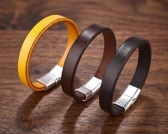 Pulsera de cuero para hombre hecha a mano con cierre magnético, brazalete vintage en negro y marrón, regalo para él.