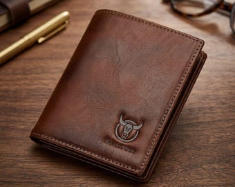 Cartera de cuero para hombre, tarjetero plegable delgado para uso diario, regalo para él.