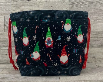 FESTIVE GNOMES knitting and crochet WINTER and Christmas themed drawstring project bag