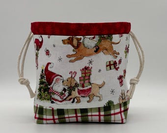 GNOMES & PUPPIES knitting and crochet winter and CHRISTMAS themed drawstring project bag