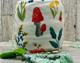 Wildflowers and Mushroom Yarn Cozy - Yarn Cake - Yarn Sleeve - Yarn Holder