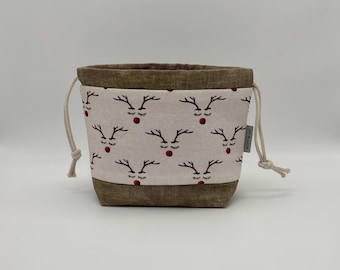 WINTER REINDEER knitting and crochet CHRISTMAS themed drawstring project bag