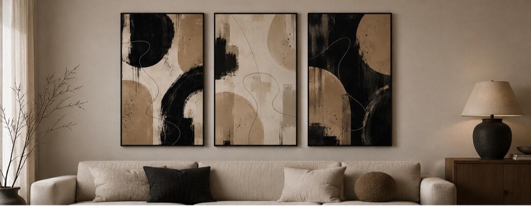 Neutral Abstract Triptych Wall Art Set of 3, Large Vertical Beige Black ...