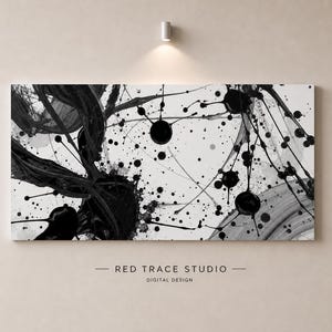 May include: Abstract black and white artwork with splatters and brushstrokes. The canvas features a dynamic composition of ink blots and lines, creating a modern and expressive design. The text "RED TRACE STUDIO - DIGITAL DESIGN" is at the bottom.