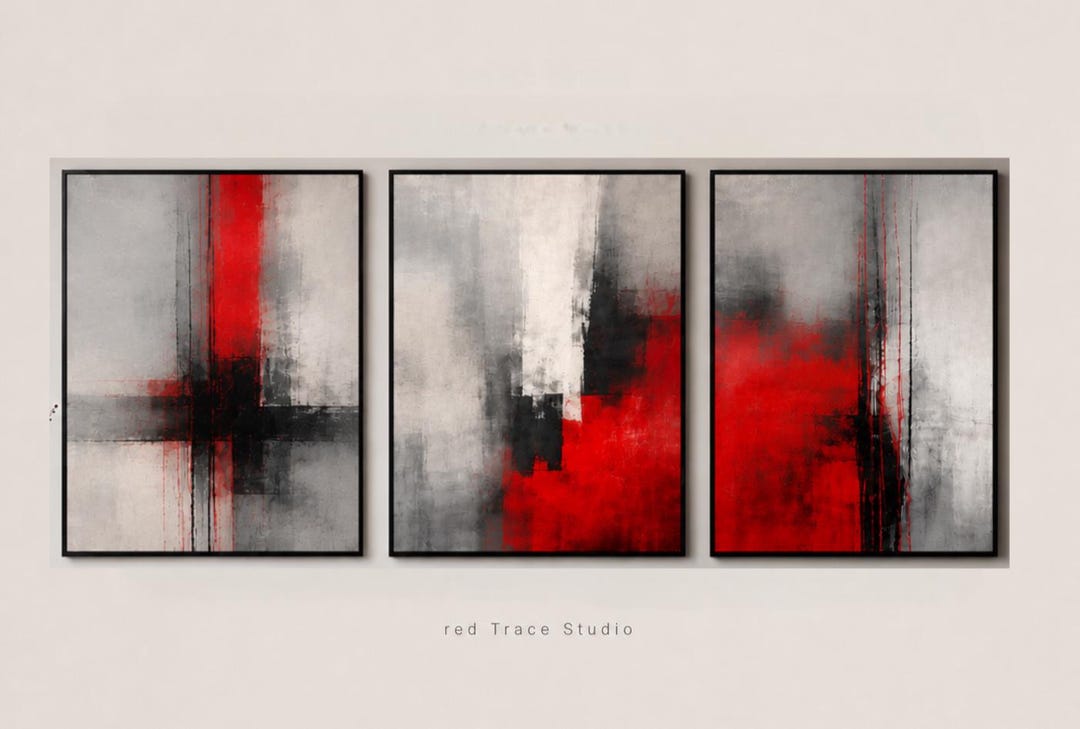 Abstract Red Black Wall Art Set of 3, Modern Triptych Print, Minimalist ...