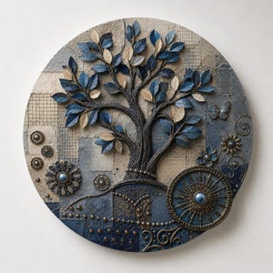 Op de afbeelding: Een rond mixed-media wandkunstwerk met een centrale boom met gestructureerde donkerblauwe en beige bladeren. De achtergrond bestaat uit een rasterachtig patchworkpatroon in blauw- en bruintinten, geaccentueerd met metalen noppen, bloemmotieven en een vlinder.