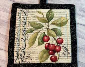 Single French Country fruit cherry Vintage style potholder, 8.25” homemade quilted
