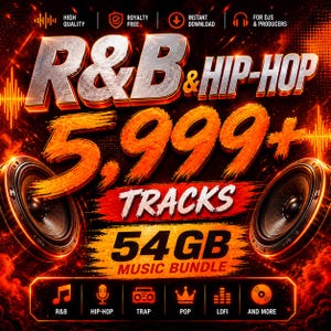 May include: A digital music bundle graphic featuring the text R&B & HIP-HOP 5,999+ TRACKS 54GB MUSIC BUNDLE. The design includes two large black speakers, fiery orange and red lighting effects, and icons for R&B, Hip-Hop, Trap, Pop, and Lofi genres.