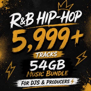 Puede incluir: Gráfico negro y dorado con el texto "R&B HIP-HOP" y "5.999+ TRACKS". Debajo, se lee "54GB MUSIC BUNDLE FOR DJS & PRODUCERS". También se presenta una corona y rayos.