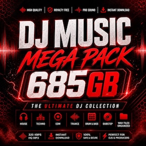 May include: A promotional graphic for a DJ music mega pack. The design features the text "DJ MUSIC MEGA PACK 685GB" in white and red, with icons representing music genres like House, Techno, and EDM. Additional text includes "The Ultimate DJ Collection."