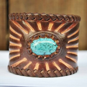 MEN&#39;S LEATHER cuff....TURQUOISE color bead with brown leather......Will make a great gift for him