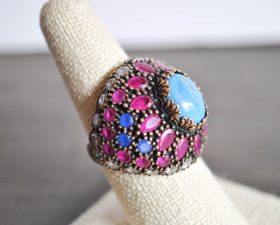 Sterling silver TURQUOISE and RUBY RING - image 2