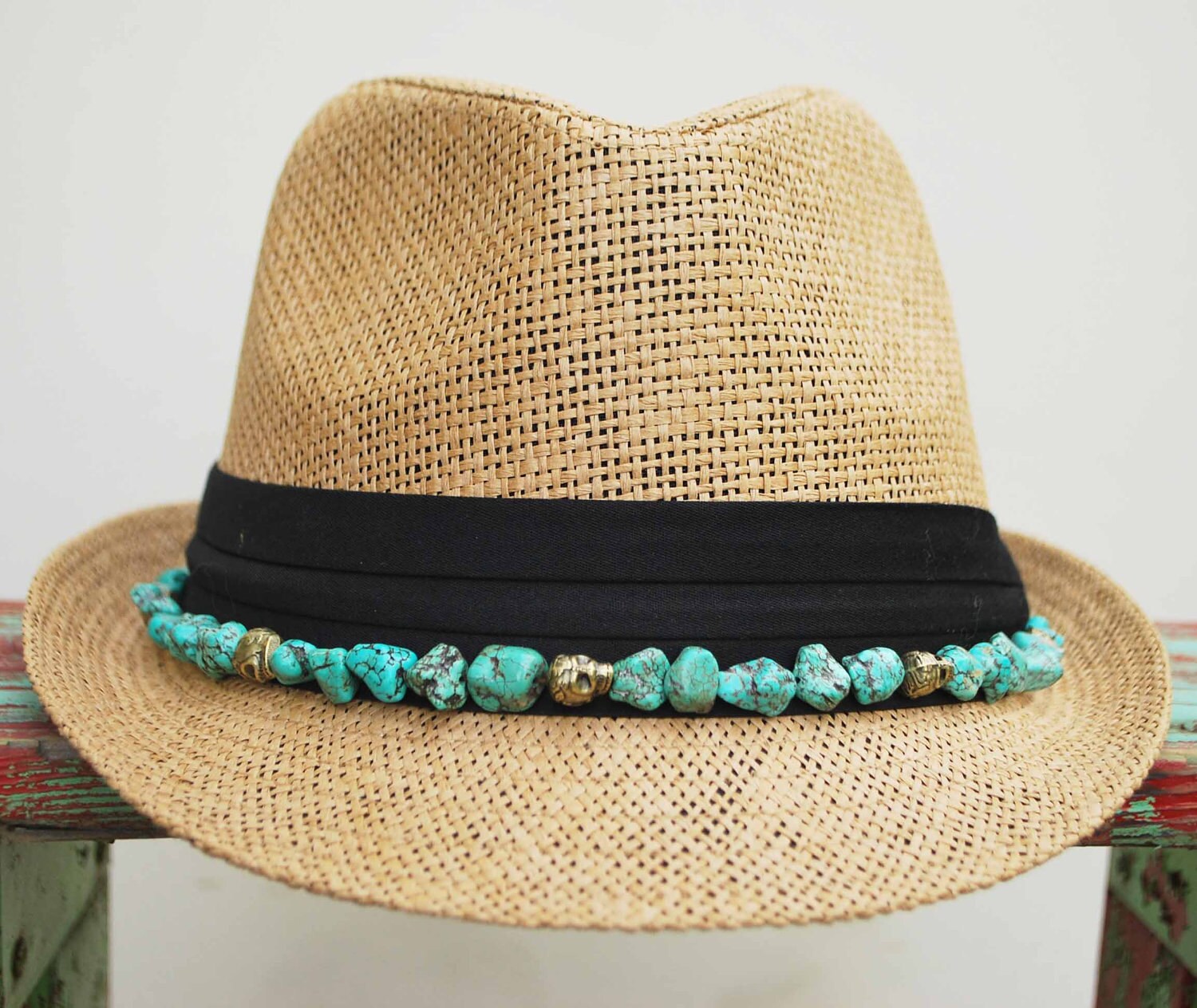 STRAW HAT With Gold Tone Skeletons and Turquoise Beaded Etsy