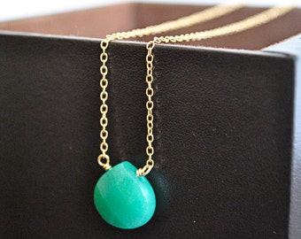 GREEN JADE  NATURAL  stone 14 k. gold filled chain necklace.