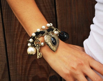 CHARMING BRACELET  with heart pendant locket, pearl strings, vintage look  brass chain and key.  Beautiful honeymoon gift