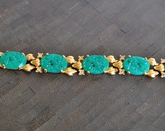 VINTAGE green  jade  color CARVED gold  BRACELET